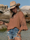 Openwork V-Neck Flounce Sleeve Blouse - Trendsi - Flyclothing LLC