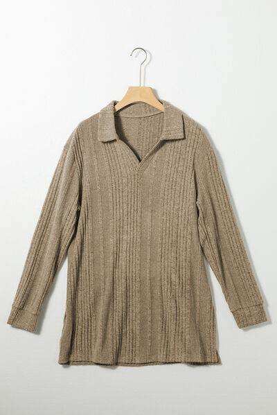 Slit Johnny Collar Long Sleeve Sweater - Trendsi - Flyclothing LLC