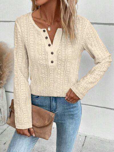 Openwork Half Button Long Sleeve Blouse - Trendsi - Flyclothing LLC