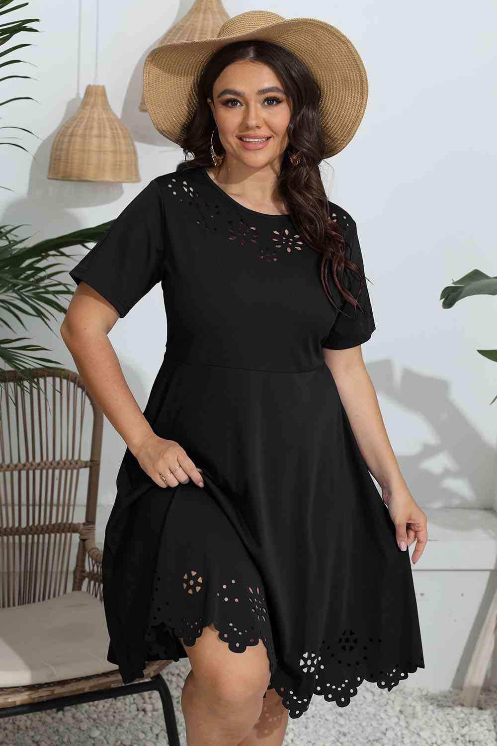 Plus Size Round Neck Openwork Dress - Trendsi - Flyclothing LLC