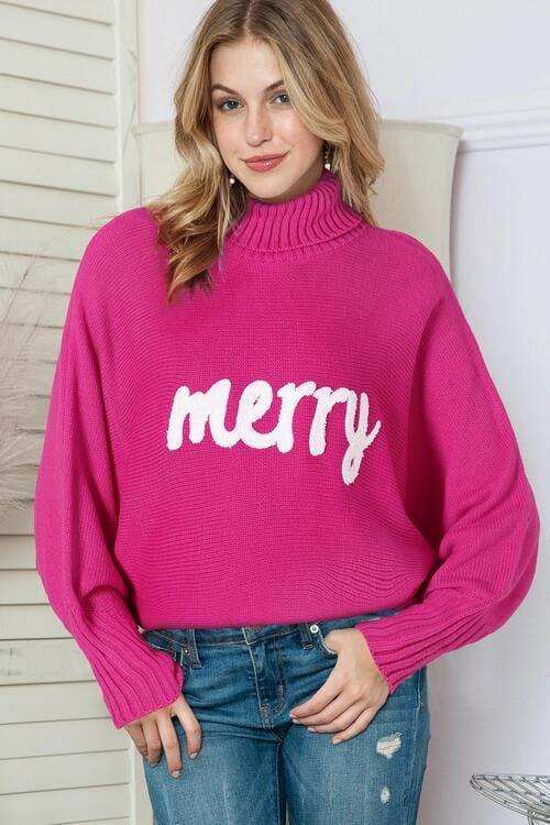 Merry Letter Embroidered High Neck Sweater - Trendsi - Flyclothing LLC