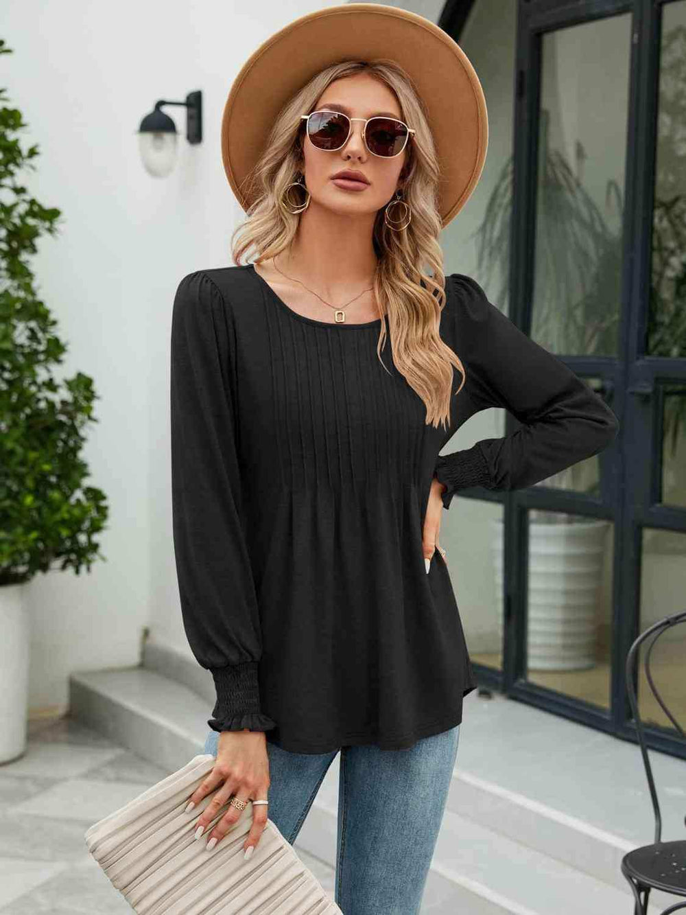 Smocked Round Neck Lantern Sleeve Blouse - Trendsi - Flyclothing LLC