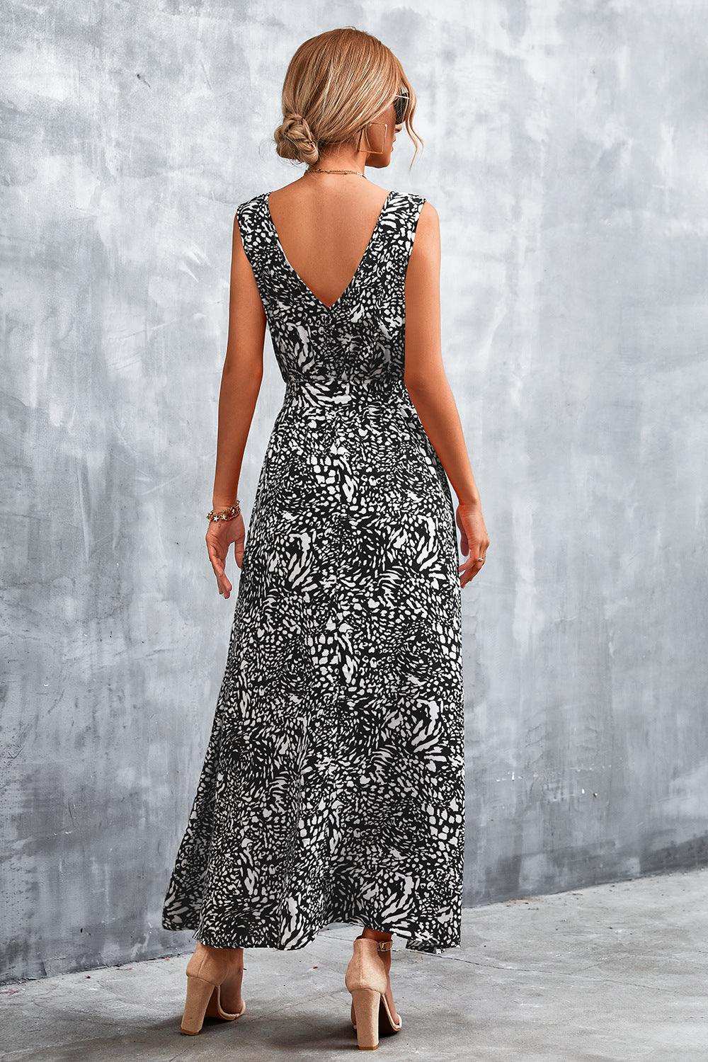 Printed V-Neck Tie Waist Maxi Dress - Trendsi - Flyclothing LLC