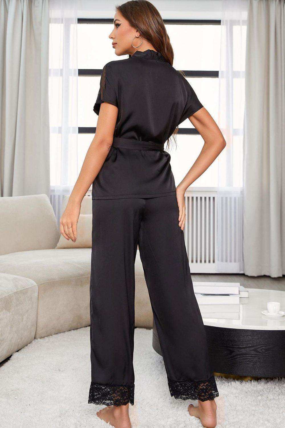 Surplice Neck Tie Waist Top and Pants Pajama Set - Trendsi - Flyclothing LLC
