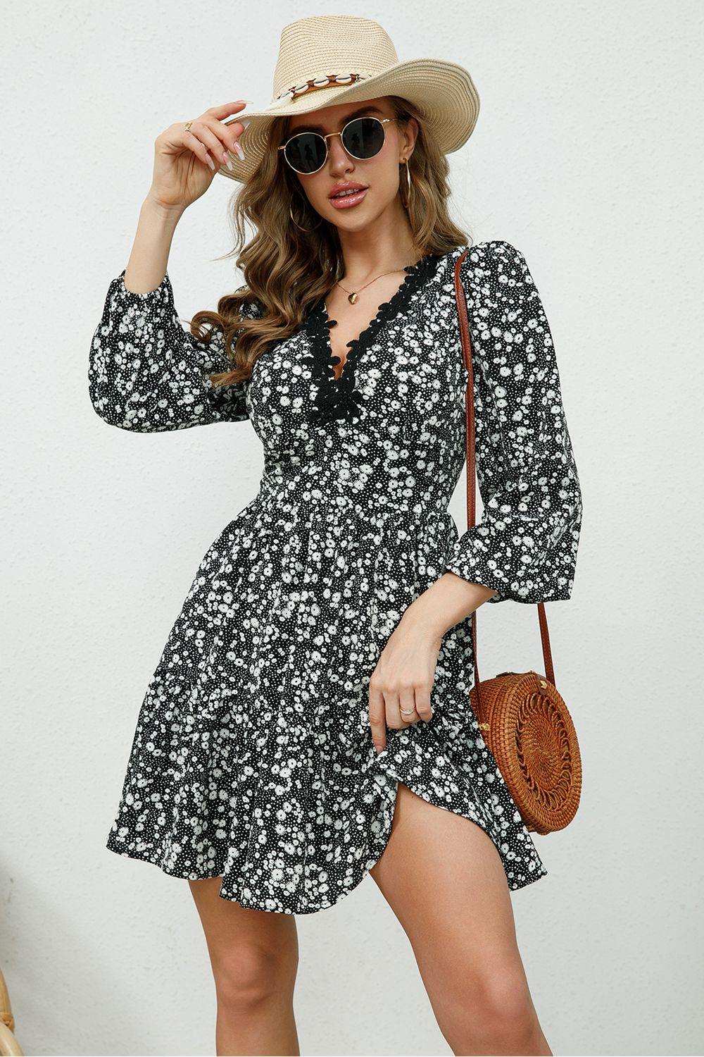 Printed Plunge Neck Flounce Sleeve Mini Dress - Trendsi - Flyclothing LLC