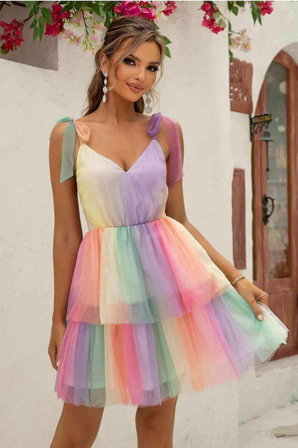 Gradient Tie-Shoulder Layered Dress - Trendsi - Flyclothing LLC