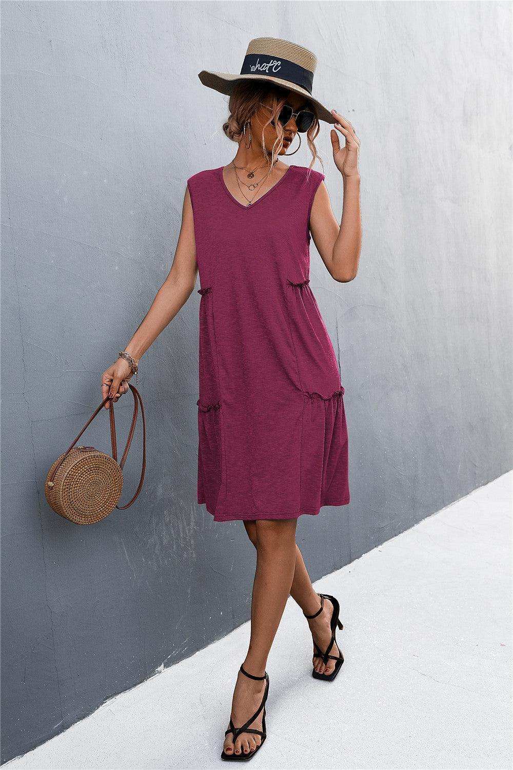V-Neck Frill Trim Sleeveless Dress - Trendsi - Flyclothing LLC