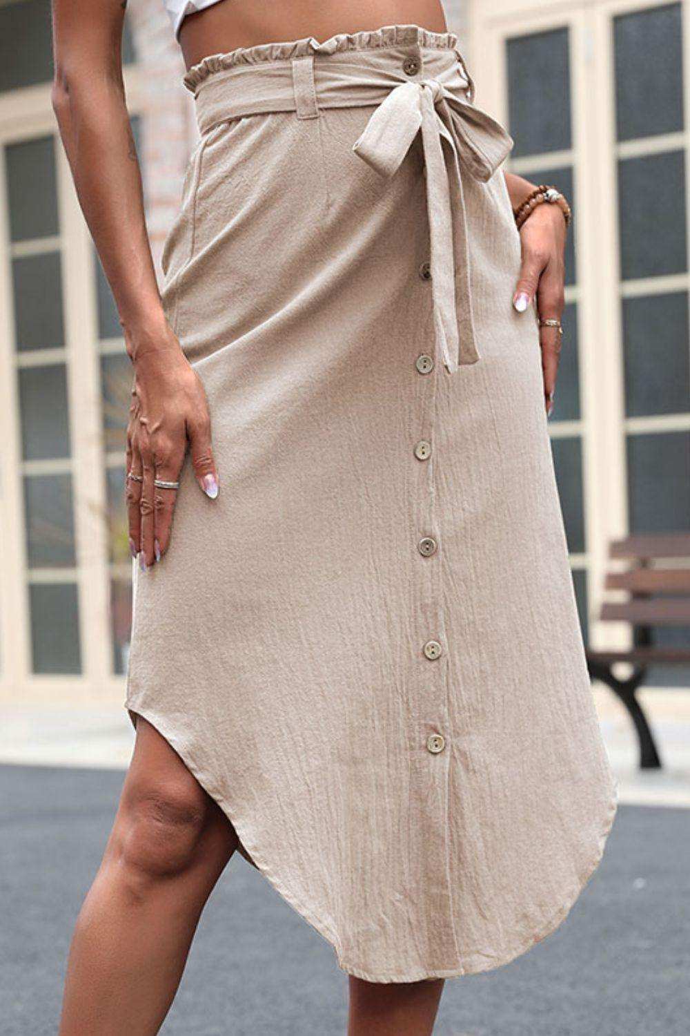 Tie Belt Frill Trim Buttoned Skirt - Trendsi - Flyclothing LLC