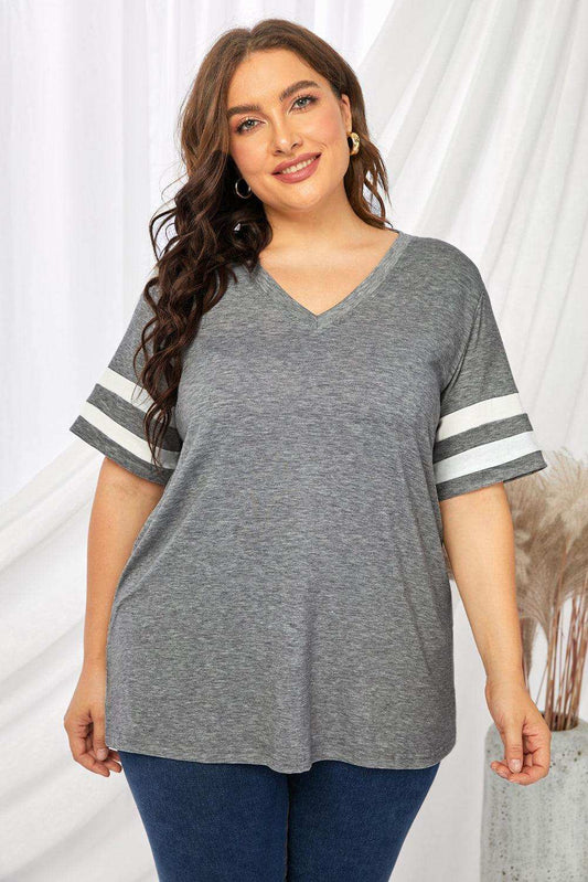 Plus Size Striped V-Neck Tee Shirt - Trendsi - Flyclothing LLC