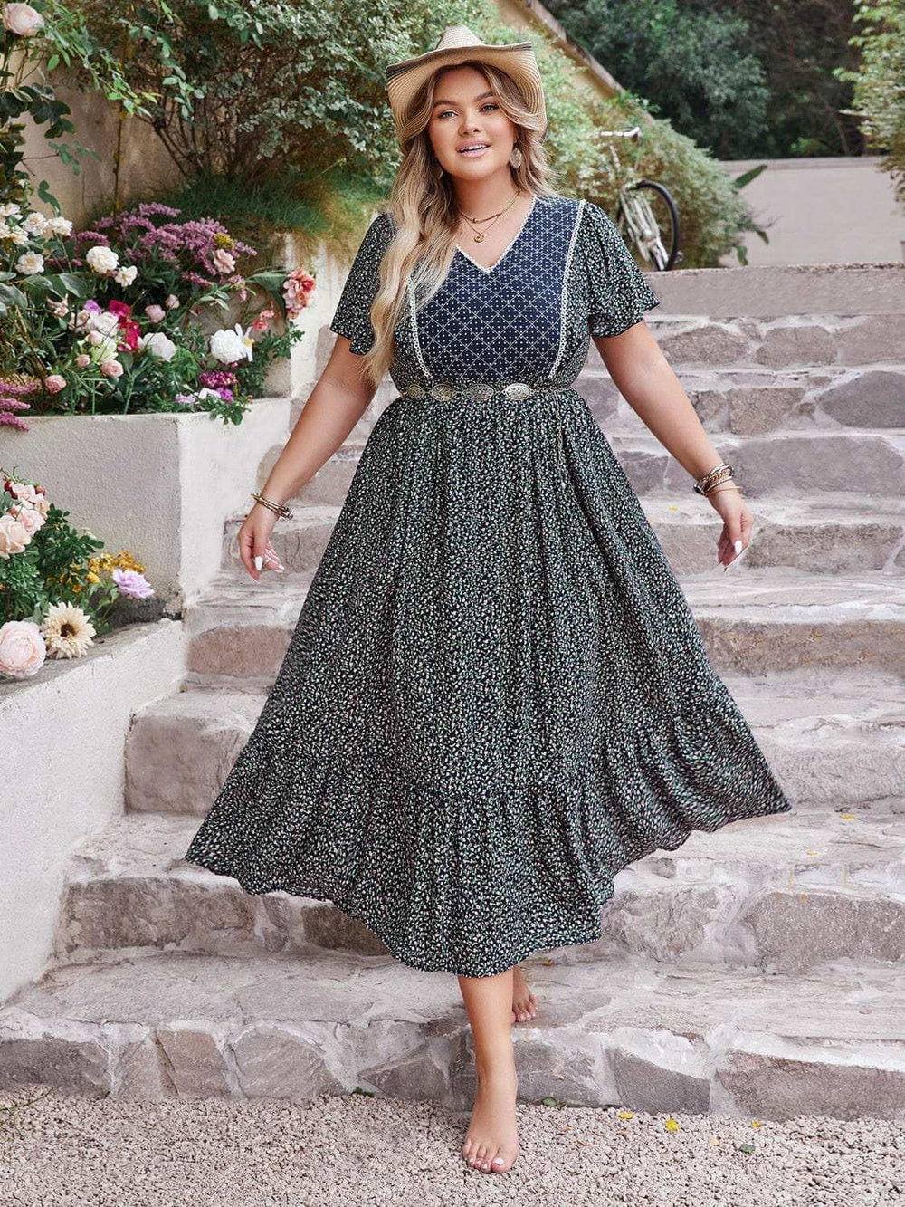 Plus Size Printed V-Neck Flutter Sleeve Midi Dress - Trendsi - Flyclothing LLC