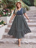 Plus Size Printed V-Neck Flutter Sleeve Midi Dress - Trendsi - Flyclothing LLC