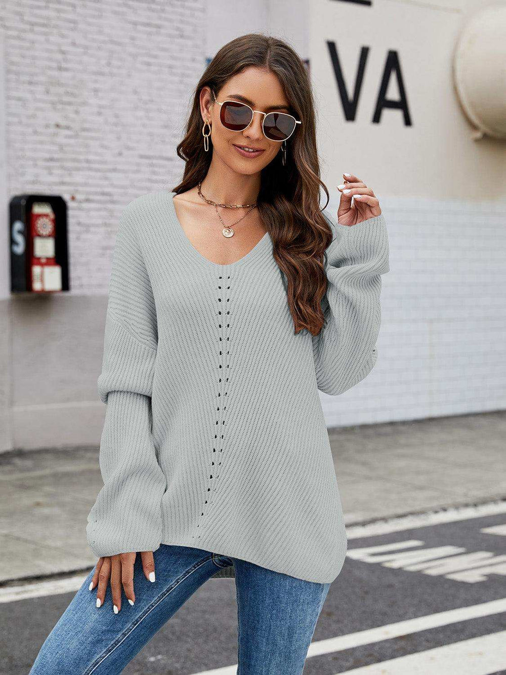 V-Neck Rib-Knit Top - Trendsi - Flyclothing LLC