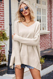 V-Neck Dropped Shoulder Ribbed Long Sleeve Sweater - Trendsi - Flyclothing LLC