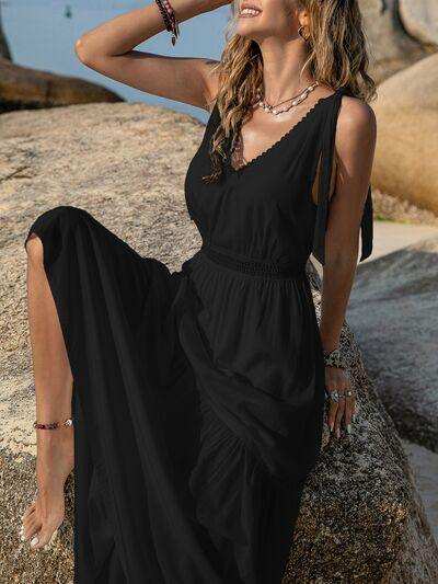 V-Neck Tie Shoulder Crochet Maxi Dress - Trendsi - Flyclothing LLC