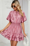 Smocked Tie Neck Flounce Sleeve Dress - Trendsi - Flyclothing LLC