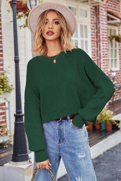 Round Neck Drop Shoulder Long Sleeve Sweater - Trendsi - Flyclothing LLC