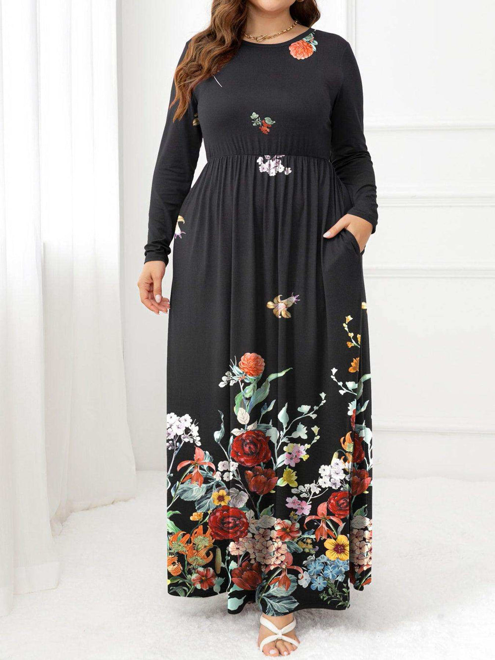 Plus Size Round Neck Maxi Dress with Pockets - Trendsi - Flyclothing LLC