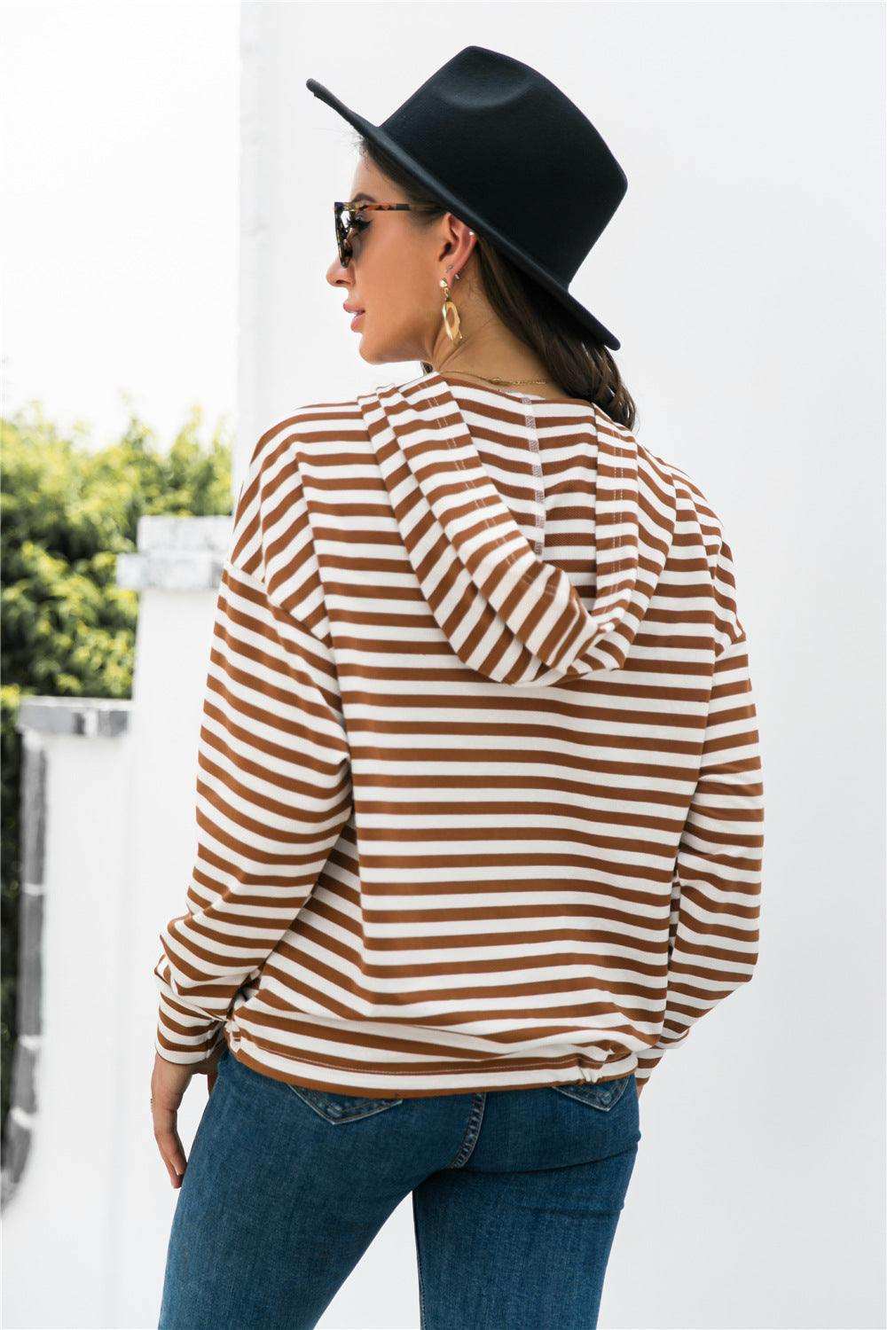 Striped Half-Button Dropped Shoulder Hoodie - Trendsi - Flyclothing LLC