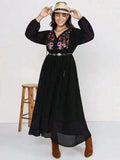 Plus Size Embroidered Tie Neck Long Sleeve Dress - Trendsi - Flyclothing LLC