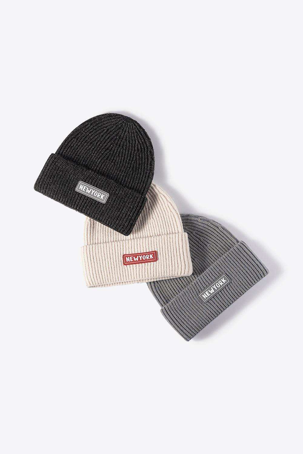 NEWYORK Patch Rib-Knit Cuffed Beanie - Trendsi - Flyclothing LLC