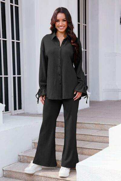 Drawstring Flounce Sleeve Shirt and Pants Set - Trendsi - Flyclothing LLC