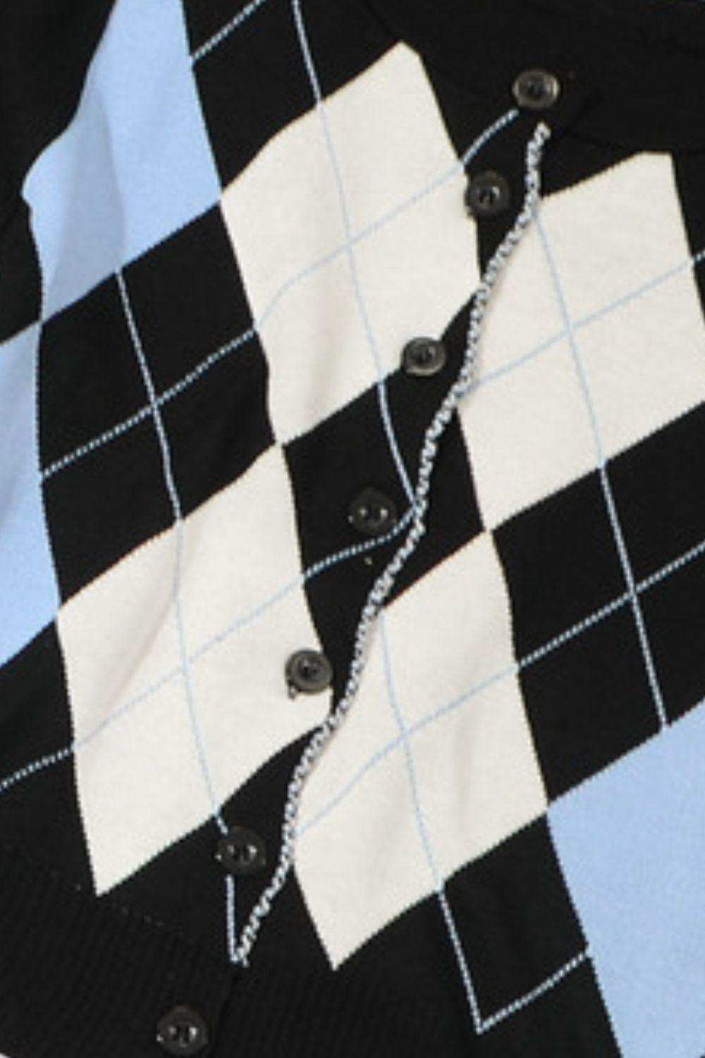 Argyle Round Neck Ribbed Trim Cardigan - Trendsi - Flyclothing LLC