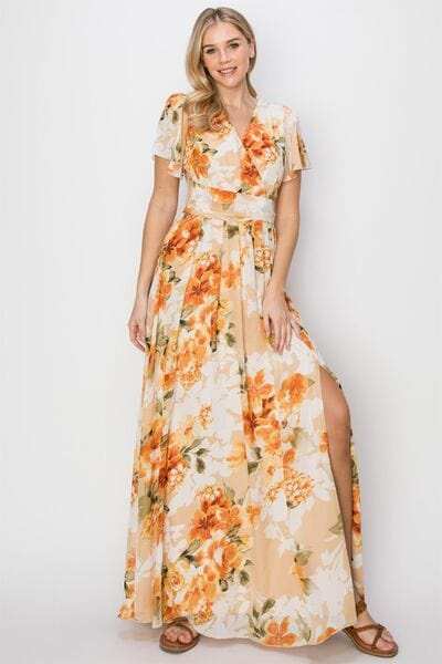 HYFVE Floral Tie Back Short Sleeve Slit Maxi Dress - Trendsi - Flyclothing LLC