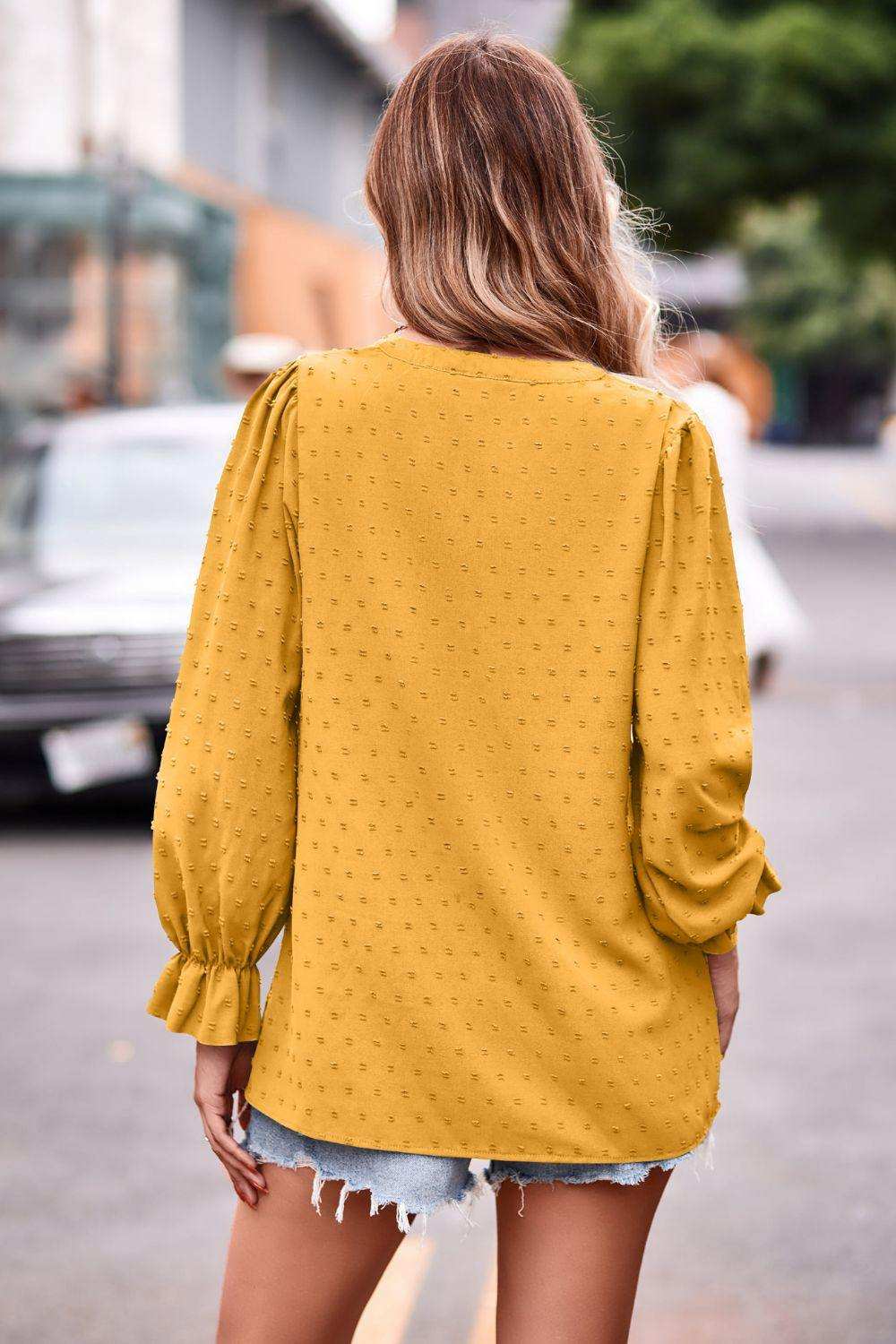 Swiss Dot Notched Neck Flounce Sleeve Blouse - Trendsi - Flyclothing LLC
