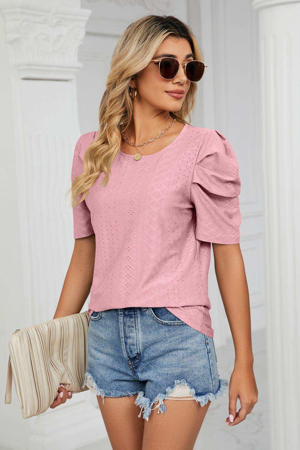 Eyelet Puff Sleeve Round Neck Blouse - Trendsi - Flyclothing LLC