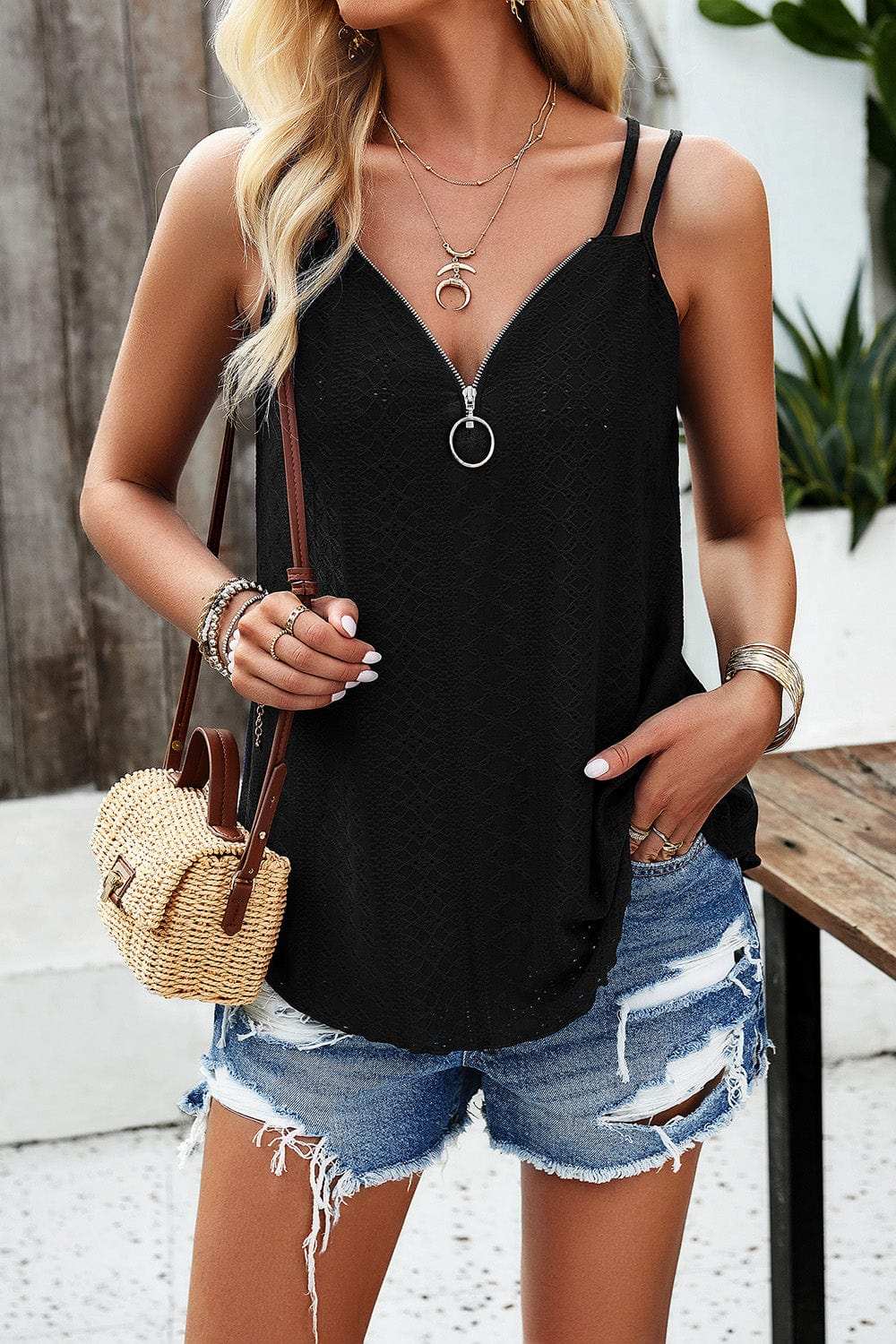 Eyelet V-Neck Double Strap Cami - Trendsi - Flyclothing LLC
