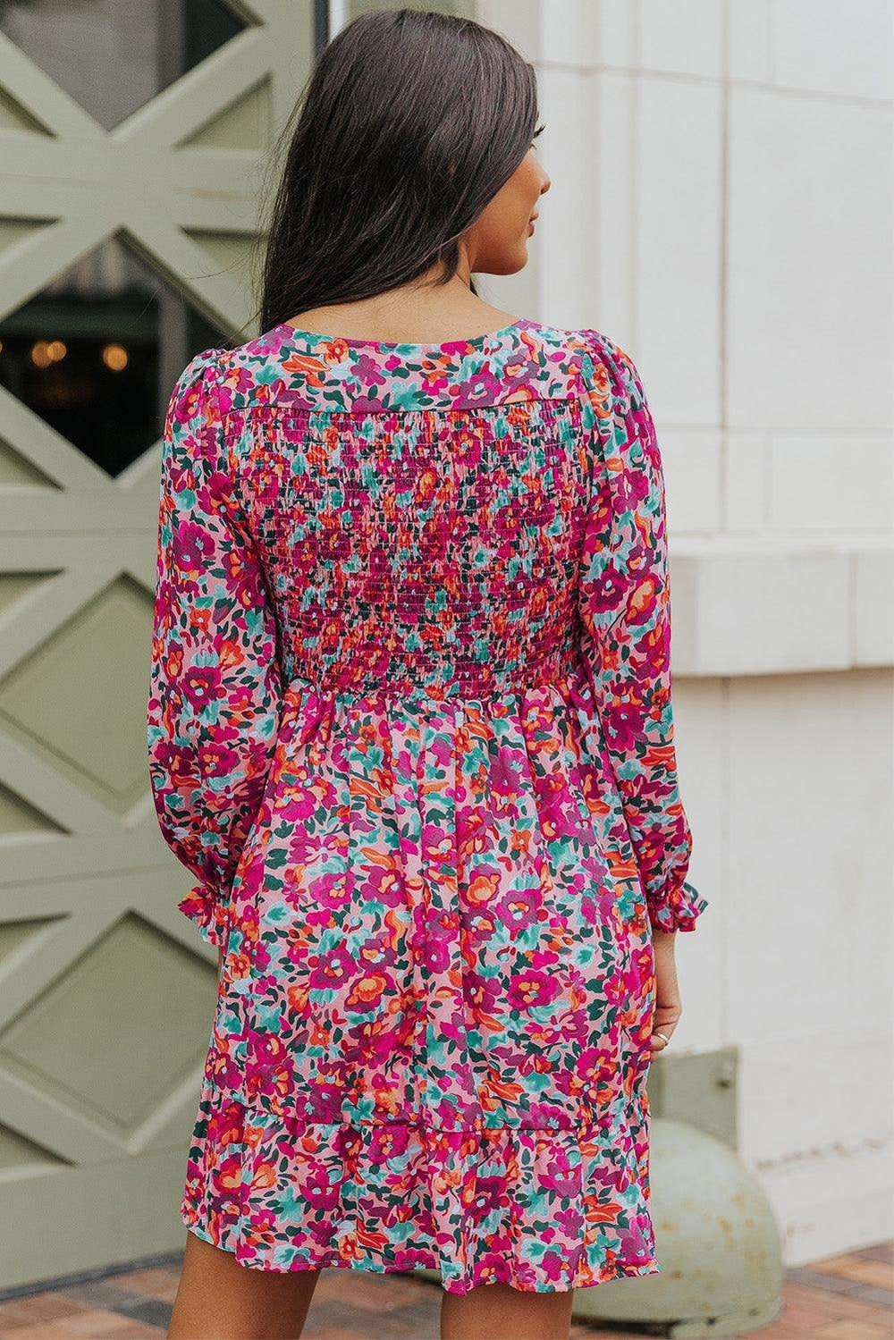 Floral Smocked V-Neck Flounce Sleeve Dress - Trendsi - Flyclothing LLC