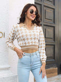 Houndstooth Johnny Collar Cropped Sweater - Trendsi - Flyclothing LLC