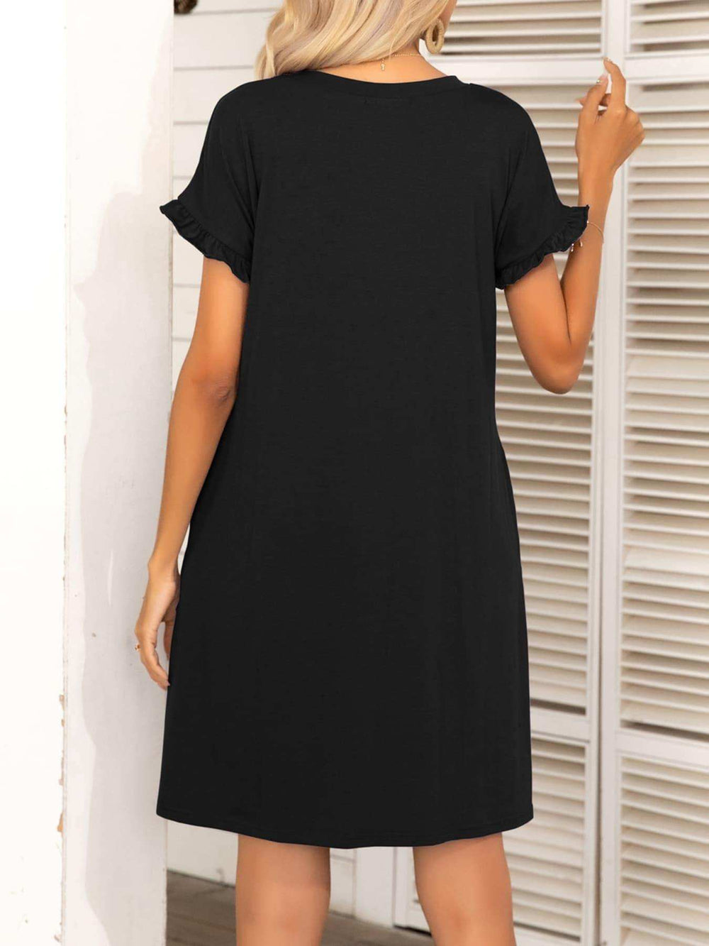 Round Neck Flounce Sleeve Dress with Pockets - Trendsi - Flyclothing LLC