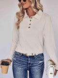 Collared Neck Buttoned Long Sleeve Top - Trendsi - Flyclothing LLC