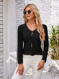 Decorative Button Openwork V-Neck T-Shirt - Trendsi - Flyclothing LLC