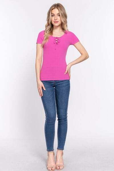 ACTIVE BASIC Lace Up Short Sleeve Rib Knit T-Shirt - Trendsi - Flyclothing LLC