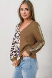 Leopard V-Neck Waffle-Knit Top - Trendsi - Flyclothing LLC