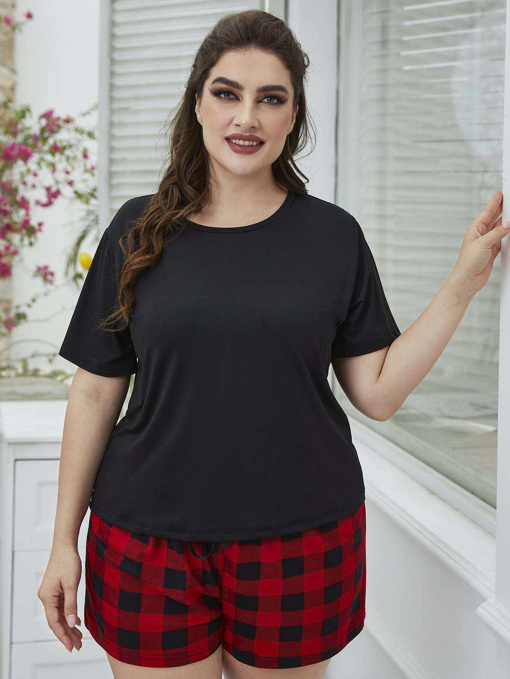 Plus Size Round Neck Tee Shirt and Plaid Shorts Lounge Set - Trendsi - Flyclothing LLC