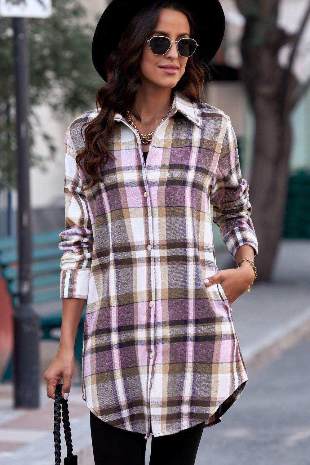 Plaid Button-Up Longline Shirt Jacket - Trendsi - Flyclothing LLC