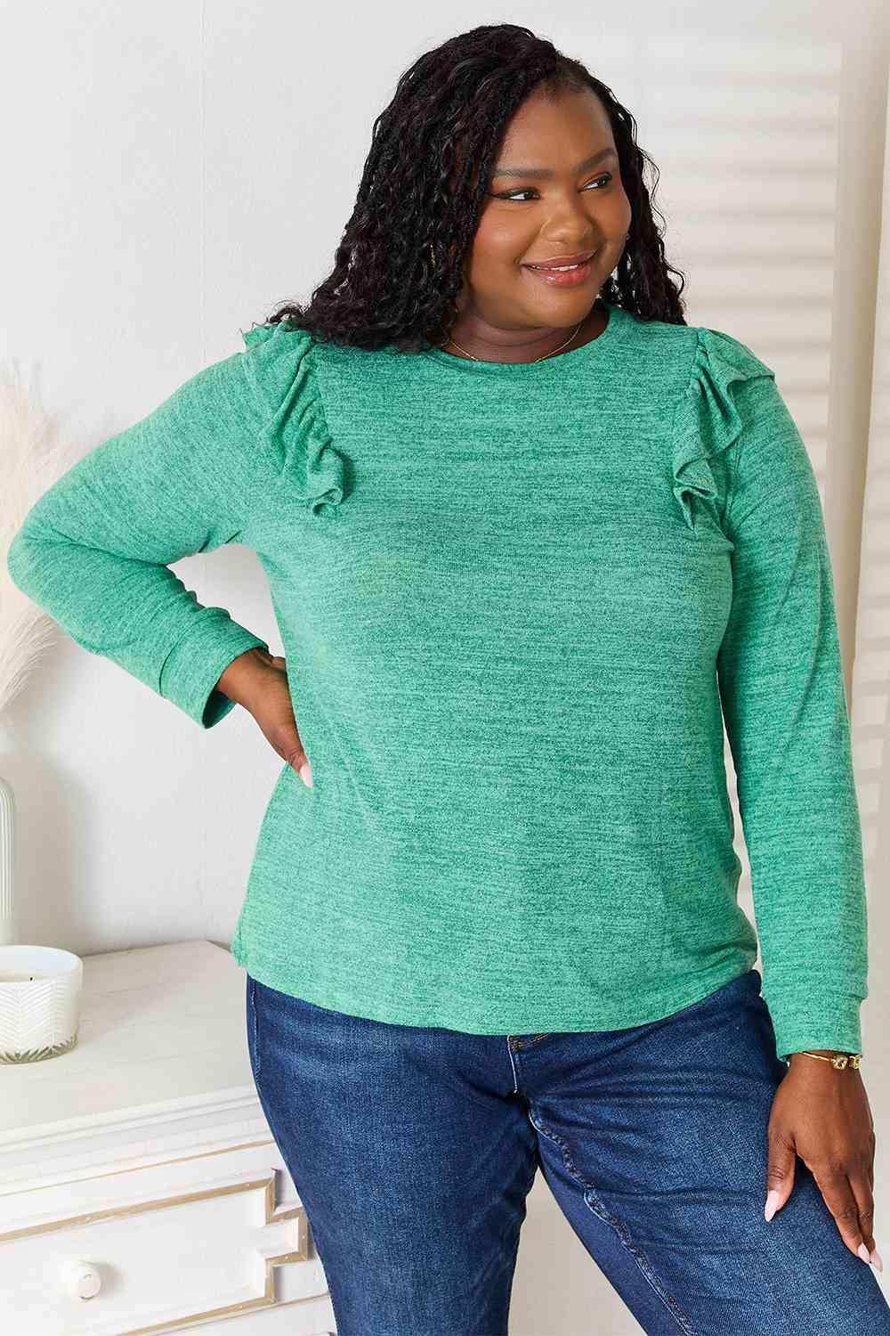 Double Take Ruffle Shoulder Long Sleeve T-Shirt - Trendsi - Flyclothing LLC