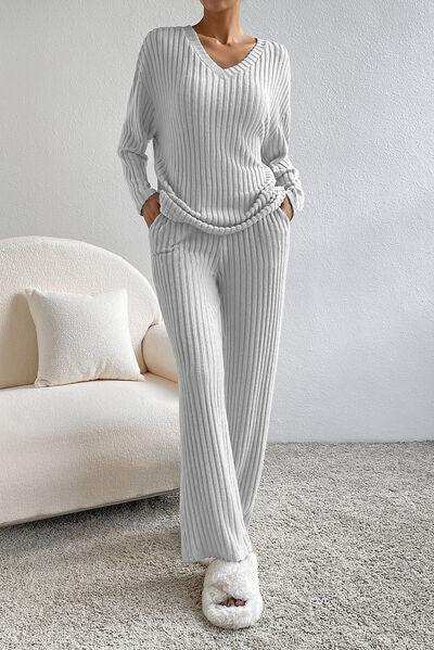 Ribbed V-Neck Top and Pants Lounge Set - Trendsi - Flyclothing LLC