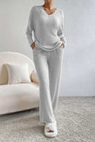 Ribbed V-Neck Top and Pants Lounge Set - Trendsi - Flyclothing LLC
