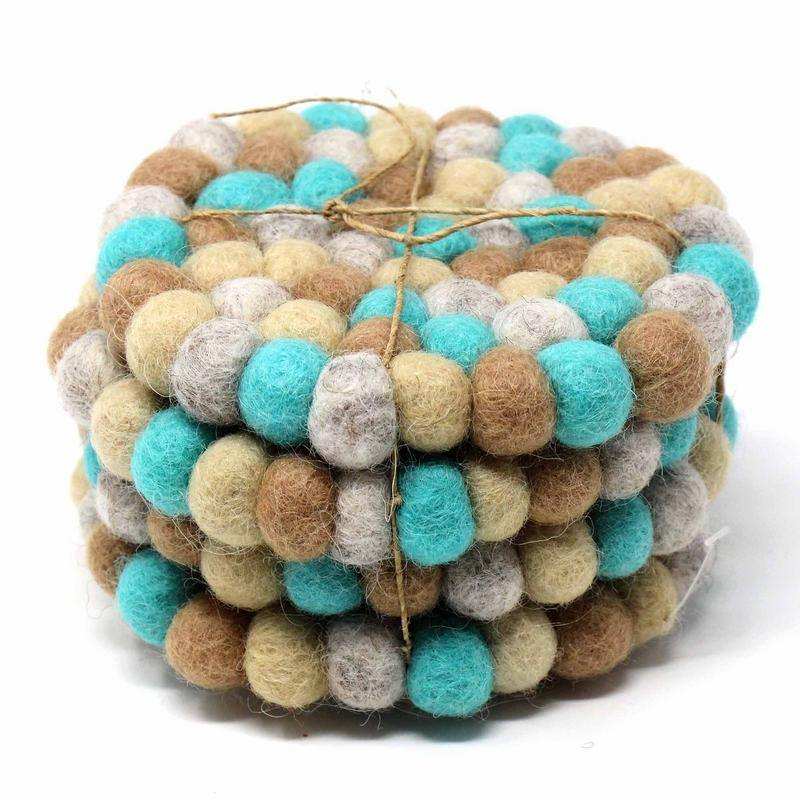 Hand Crafted Felt Ball Coasters from Nepal: 4-pack, Sky - Global Groove (T) - Global Groove - Flyclothing LLC