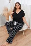 Plus Size V-Neck Top and Plaid Pants Lounge Set - Trendsi - Flyclothing LLC