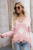 Flower Distressed Ribbed Trim Sweater - Trendsi - Flyclothing LLC