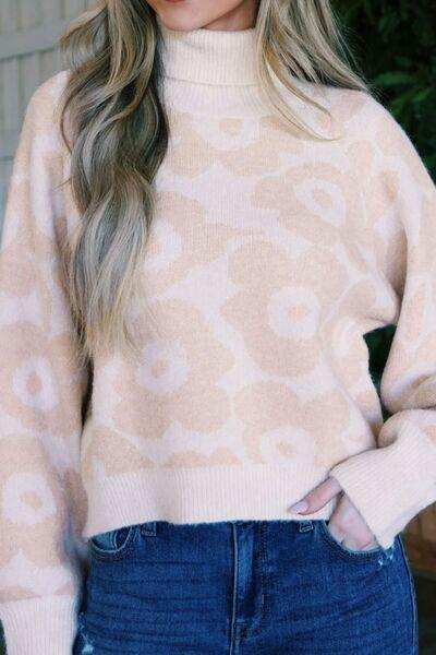 Flower Pattern Turtleneck Long Sleeve Sweater - Trendsi - Flyclothing LLC