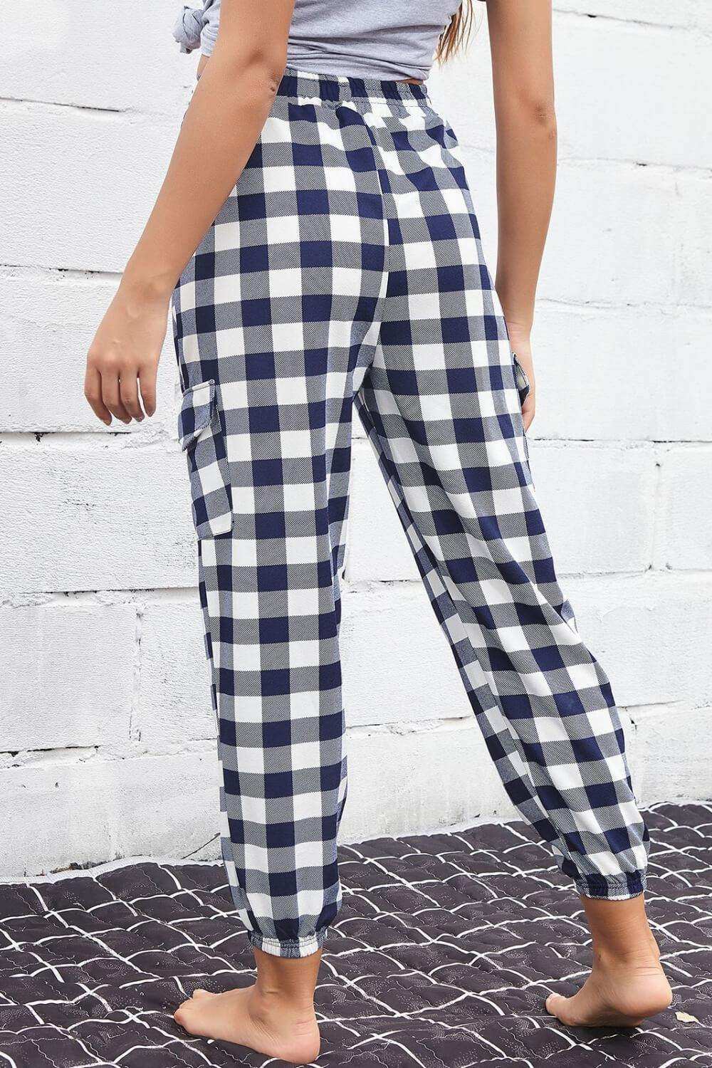 Plaid Elastic High Waist Cargo Pants - Trendsi - Flyclothing LLC