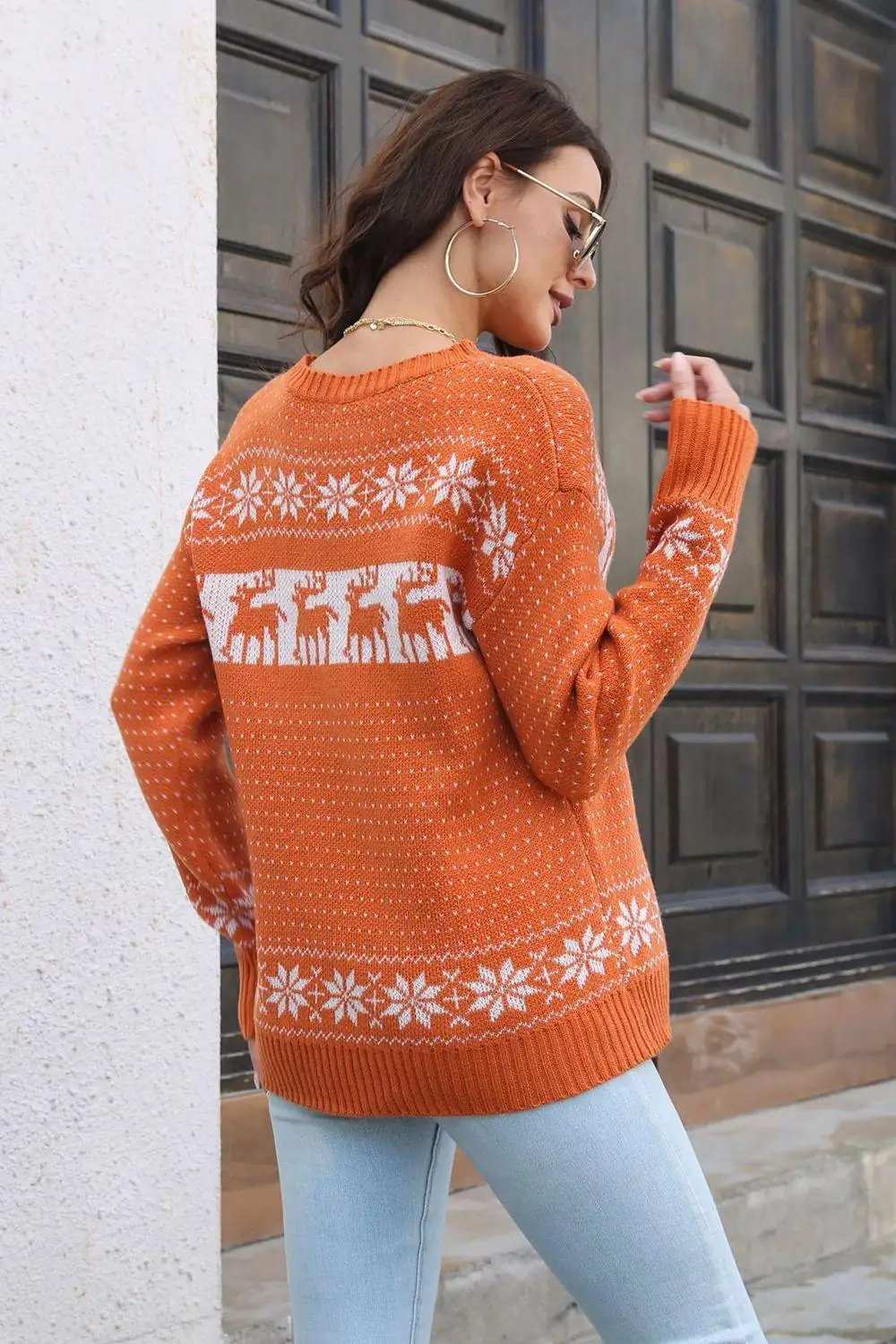 Reindeer & Snowflake Pattern Dropped Shoulder Pullover Sweater - Trendsi - Flyclothing LLC