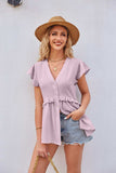 Buttoned V-Neck Ruffle Trim Top - Trendsi - Flyclothing LLC