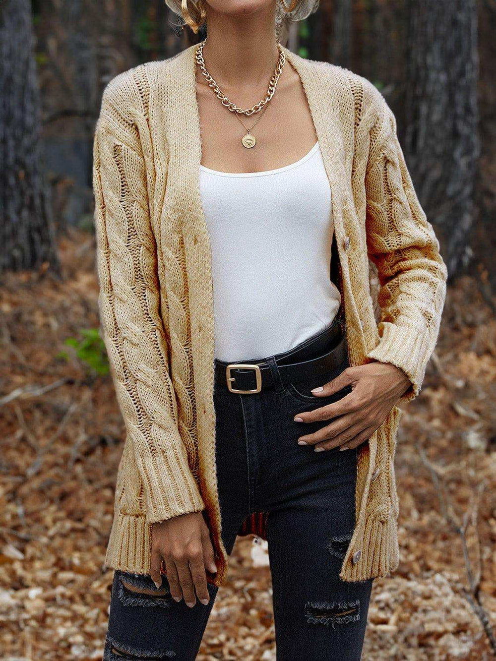 Cable-Knit Button Down Cardigan - Trendsi - Flyclothing LLC